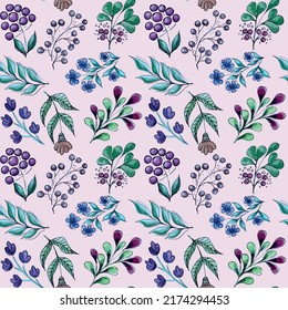 Set of stylized vintage watercolor seamless pattern of branches, flowers, leaves for cards, patterns, decor