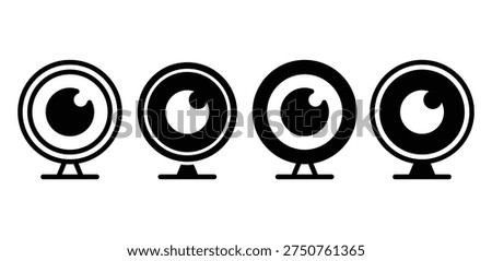 Set of Stylized Webcam Icons with Eye Symbol in Black and White Outline and Solid Fill Color Vector Design