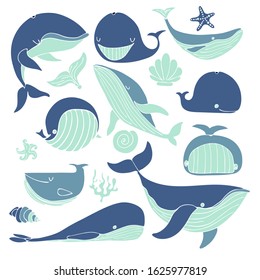 set of stylized whales. blue whale, sperm whale, oblique whale starfish, seaweed. Vector stock illustration hand-drawn, on a white isolated background without contour. Cartoon whales in various poses