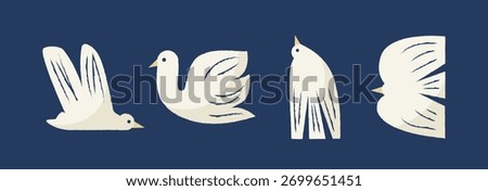 Set of stylized white birds in various flying and resting positions on dark blue background. Flat minimal vector illustration. Animal design elements. Peace and freedom concept for design and print