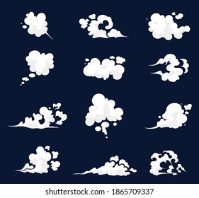Conjunto de nubes blancas estilizadas. Ilustración de humo definida para la plantilla de efectos especiales. Nubes de vapor, niebla, humo, niebla, polvo, explosión