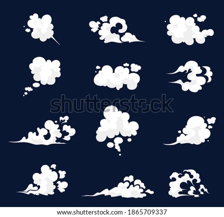 Set of stylized white clouds. Smoke illustration set for special effects template. Steam clouds, mist, fume, fog, dust, explosion