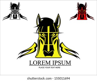 a set of stylized wild horse head in yellow, red and white.