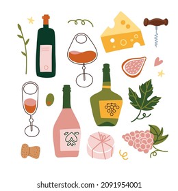 Set of stylized wine bottles, wine glasses, grapes and cheese illustration. Wine party collection. Flat hand drawn vector illustration.