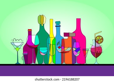 Set of stylized wine bottles and glasses. Card. Vector illustration.