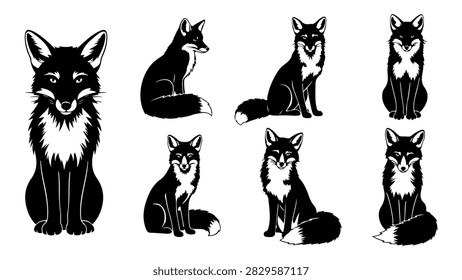 A set of stylized wolf silhouettes in different poses and angles, suitable for design, branding, or educational purposes.