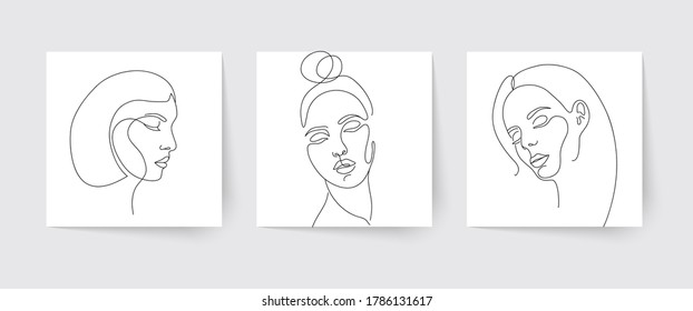 Set of stylized woman faces and hairstyles. Modern single line art. Woman beauty fashion concept, minimalistic style.