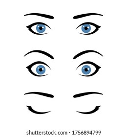 Conjunto de ojos estilizados de mujer que expresan diferentes emociones y condiciones, plantilla para tu diseño, ojos abiertos con expresión neutral calmada, ojos ampliados con mirada sorprendida, ojos cerrados