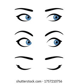 Set of stylized woman's eyes expressing different emotions, template for your design, open eyes with calm neutral expression, widened eyes with surprised look, closed eyes