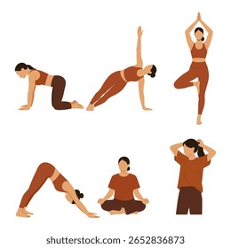 set of Stylized Women Yoga Poses in Flat Minimalist Style