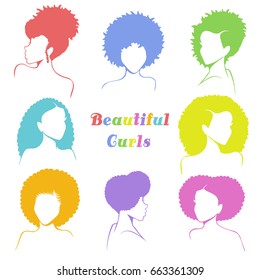 Set of stylized women's busts with curly hair  (eps10)