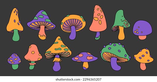 Set of stylizes hippie groovy mushrooms. Trippy psychedelic elemenst in 60s, 70s style. Kidcore rainbow tattoo stickers with funky fungus.