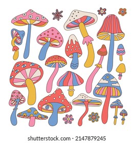 Set of stylizes hippie mushrooms. Summer psychedelic elemenst in 70s and 80s style. Vibrant groovy and funky fungus. Kidcore rainbow tattoo stickers. Vintage nostalgia collection. Vector illustration.