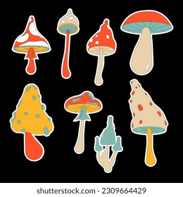 Set of stylizes hippie mushrooms. Summer psychedelic elemenst in 70s and 80s style. Vector illustration.