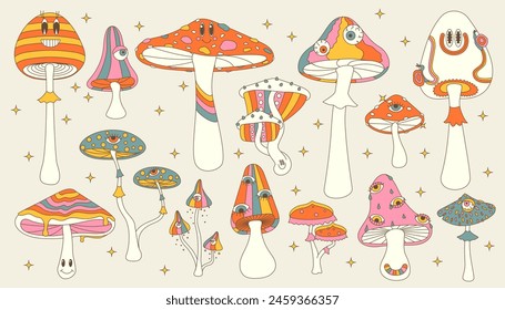 Set of stylizes hippie mushrooms. Summer psychedelic elemenst in 70s and 80s style. Vibrant groovy and funky fungus.