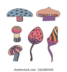 Set of stylizes mushrooms. Summer psychedelic elemenst in 70s and 80s style. Vibrant groovy and funky fungus. Rainbow tattoo stickers. Vintage nostalgia collection. Vector illustration.