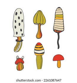 Set of stylizes mushrooms. Summer psychedelic elemenst in 70s and 80s style. Vibrant groovy and funky fungus. Rainbow tattoo stickers. Vintage nostalgia collection. Vector illustration.