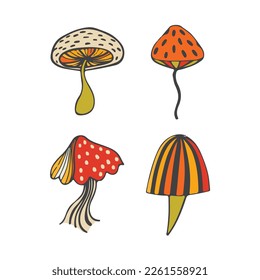 Set of stylizes mushrooms. Summer psychedelic elemenst in 70s and 80s style. Vibrant groovy and funky fungus. Rainbow tattoo stickers. Vintage nostalgia collection. Vector illustration.