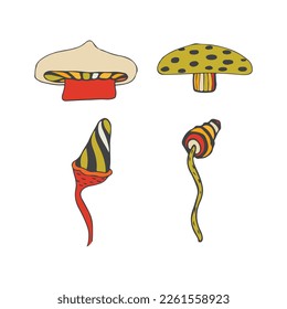 Set of stylizes mushrooms. Summer psychedelic elemenst in 70s and 80s style. Vibrant groovy and funky fungus. Rainbow tattoo stickers. Vintage nostalgia collection. Vector illustration.