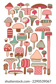 Set of stylizes mushrooms. Summer psychedelic elemenst in 70s and 80s style. Vibrant groovy and funky fungus. Rainbow tattoo stickers. Vintage nostalgia collection. Vector illustration.