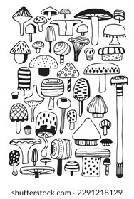 Set of stylizes mushrooms. Summer psychedelic elemenst in 70s and 80s style. Vibrant groovy and funky fungus. Rainbow tattoo stickers. Vintage nostalgia collection. Vector illustration.