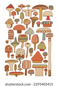 Set of stylizes mushrooms. Summer psychedelic elemenst in 70s and 80s style. Vibrant groovy and funky fungus. Rainbow tattoo stickers. Vintage nostalgia collection. Vector illustration.