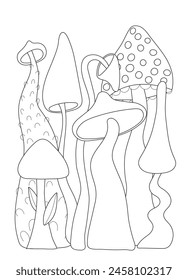 Set of stylizes mushrooms. Summer psychedelic elemenst in 70s and 80s style. Vibrant groovy and funky fungus. Rainbow tattoo stickers. Vintage nostalgia collection. Vector illustration.