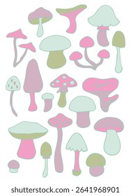 Set of stylizes mushrooms. Summer psychedelic elemenst in 70s and 80s style. Vibrant groovy and funky fungus. Rainbow tattoo stickers. Vintage nostalgia collection. Vector illustration.