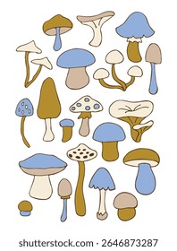 Conjunto de cogumelos estilizados. Elementos psicodélicos de verão no estilo dos anos 70 e 80. Vibrant groovy e funky fungo. Adesivos de tatuagem Rainbow. Coleção de nostalgia vintage. Ilustração vetorial.