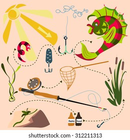 Set subjects characterize fishing. Fish, worm, hook, fishing rod, net, reeds, seaweed, woods, stone, sun style infographics.