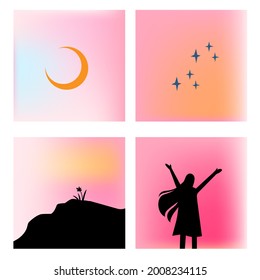 El concepto de un conjunto de temas espera esperanza. Una mujer de pie, media noche lunar, las estrellas y una colina. Ilustración vectorial. 