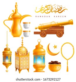 Set of subjects related to holy month Ramadan. Isolated on white background. Vector illustration.