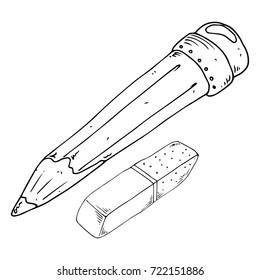 A set of subjects for the school. Pencil with eraser and eraser for pen and pencil. A two colored eraser. vector illustration.