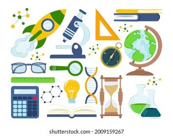 set of subjects of science theme, objects and symbols.  Set Pictogram for web. Sience symbols isolated on white background. Vector eps10 