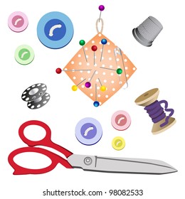 Set of subjects for sewing on white background. Vector images. Grouped for easy editing.