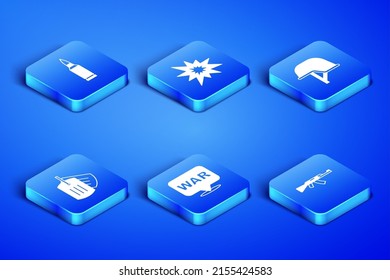 Set Submachine gun, Bullet, The word war, Military dog tag, Bomb explosion and helmet icon. Vector
