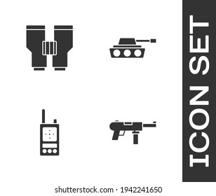 Ponga la pistola de subametralladora M3, Binoculares, Walkie talkie e icono del tanque militar. Vector