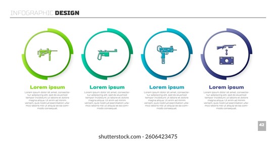 Set Submachine gun M3, Mauser, UZI submachine and Buying assault rifle. Business infographic template. Vector