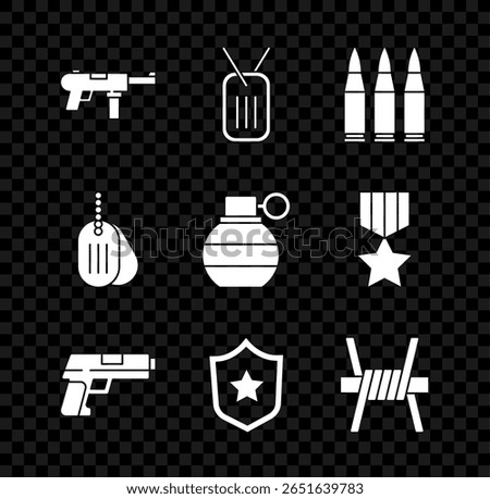 Set Submachine gun M3, Military dog tag, Bullet, Pistol or, reward medal, Barbed wire,  and Hand grenade icon. Vector