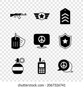 Set Submachine gun, Star American military, Chevron, Hand grenade, Walkie talkie, Peace, Military dog tag and Location peace icon. Vector