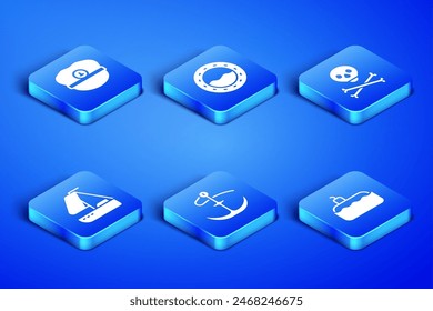 Set Submarine, Captain hat, Anchor, Yacht sailboat, Ship porthole and Skull on crossbones icon. Vector