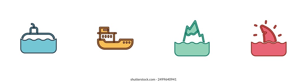 Set Submarine, Cargo ship, Iceberg and Shark fin ocean wave icon. Vector