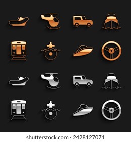 Set Submarine, Cruise ship, Steering wheel, Speedboat, Train and railway, Car, Rafting and Helicopter icon. Vector