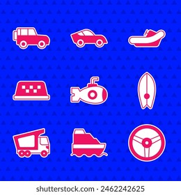 Set Submarine, Cruise ship, Steering wheel, Surfboard, Delivery cargo truck, Taxi roof, Rafting boat and Off road icon. Vector