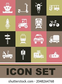 Set Submarine, Delivery cargo truck, Bicycle, Scooter, Tractor, Rocket ship with fire, Cargo and Train and railway icon. Vector