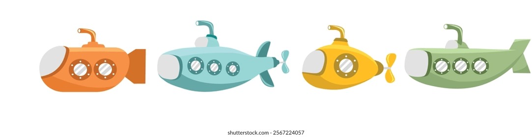 Set of submarine illustration. Torpedo. Underseas boat. Submersible. Ship. Warship. U boat.