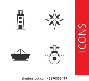 Set Submarine, Lighthouse, Folded paper boat and Wind rose icon. Vector