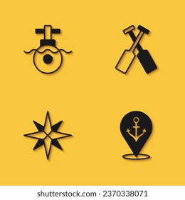 Set Submarine, Location with anchor, Wind rose and Crossed oars paddles boat icon with long shadow. Vector