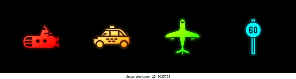 Set Submarine, Taxi car, Plane and Speed limit traffic icon. Vector