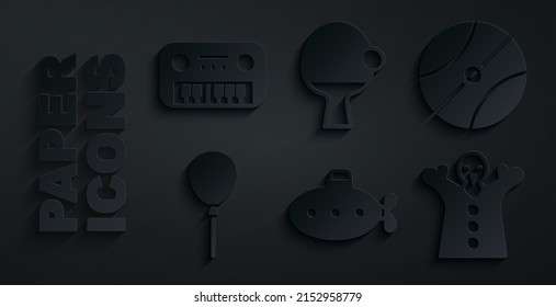 Set Submarine toy, Basketball ball, Balloons with ribbon, Toy puppet doll hand, Racket and piano icon. Vector